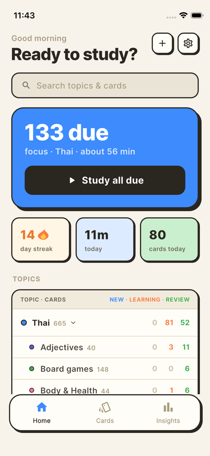 The Saku home screen with topics and cards due today