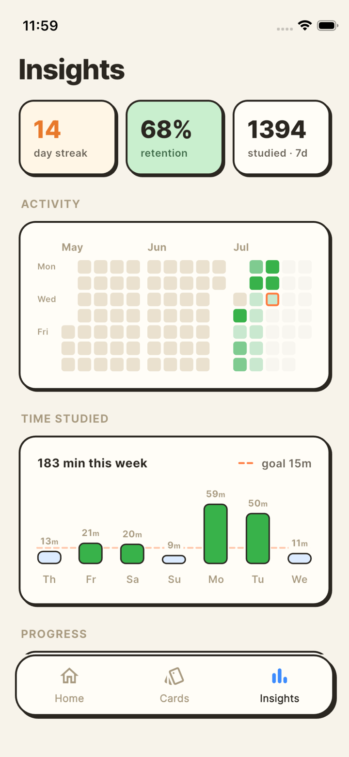 The Saku insights screen with study statistics